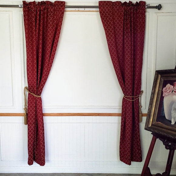 Linens N Things Curtain Panels Tie Backs 74W x 79L Wide Pocket Red Jacquard J… - Picture 14 of 14